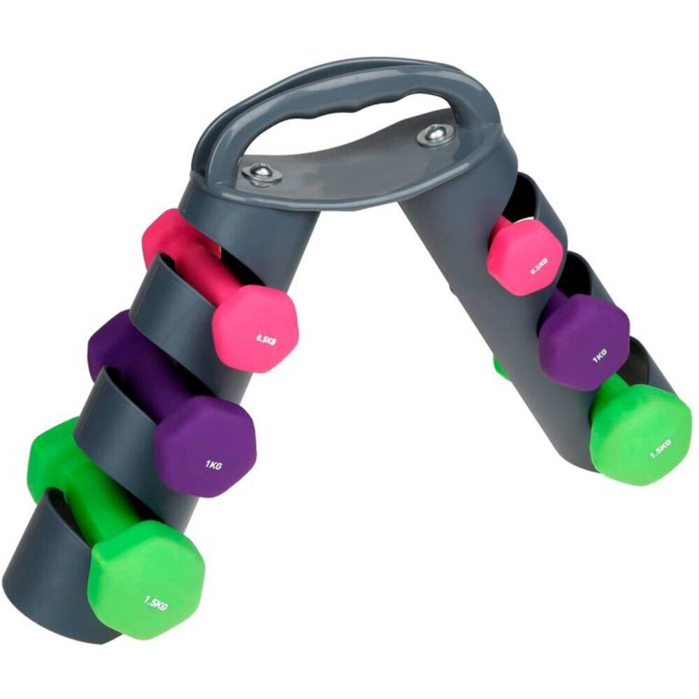 SET SUPPORTO ESPOSITORE PORTATILE + COPPIE MANUBRI PESI PALESTRA 0,5KG+1KG+1,5KG