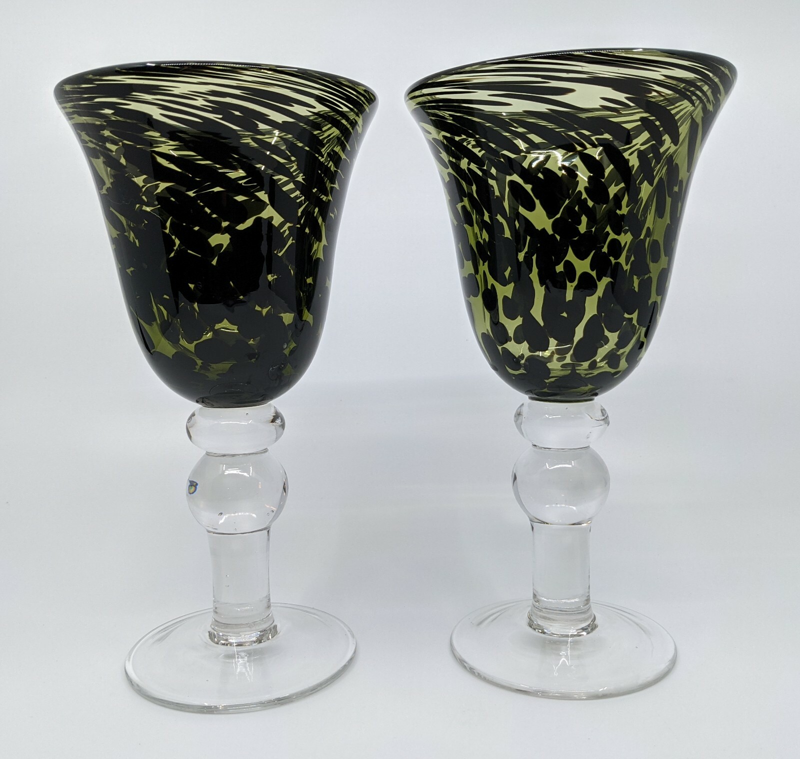 Set of 2 Green and Black Abstract Art Glass Goblets for Wine or Water