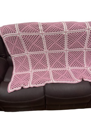 Vintage 70s Granny Square Crochet Afghan Throw Blanket 58X43 Pink White Handmade