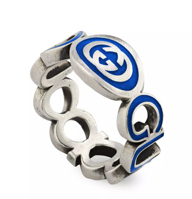 Gucci Sterling Silver Interlocked G Blue Enamel Logo Ring Size 13