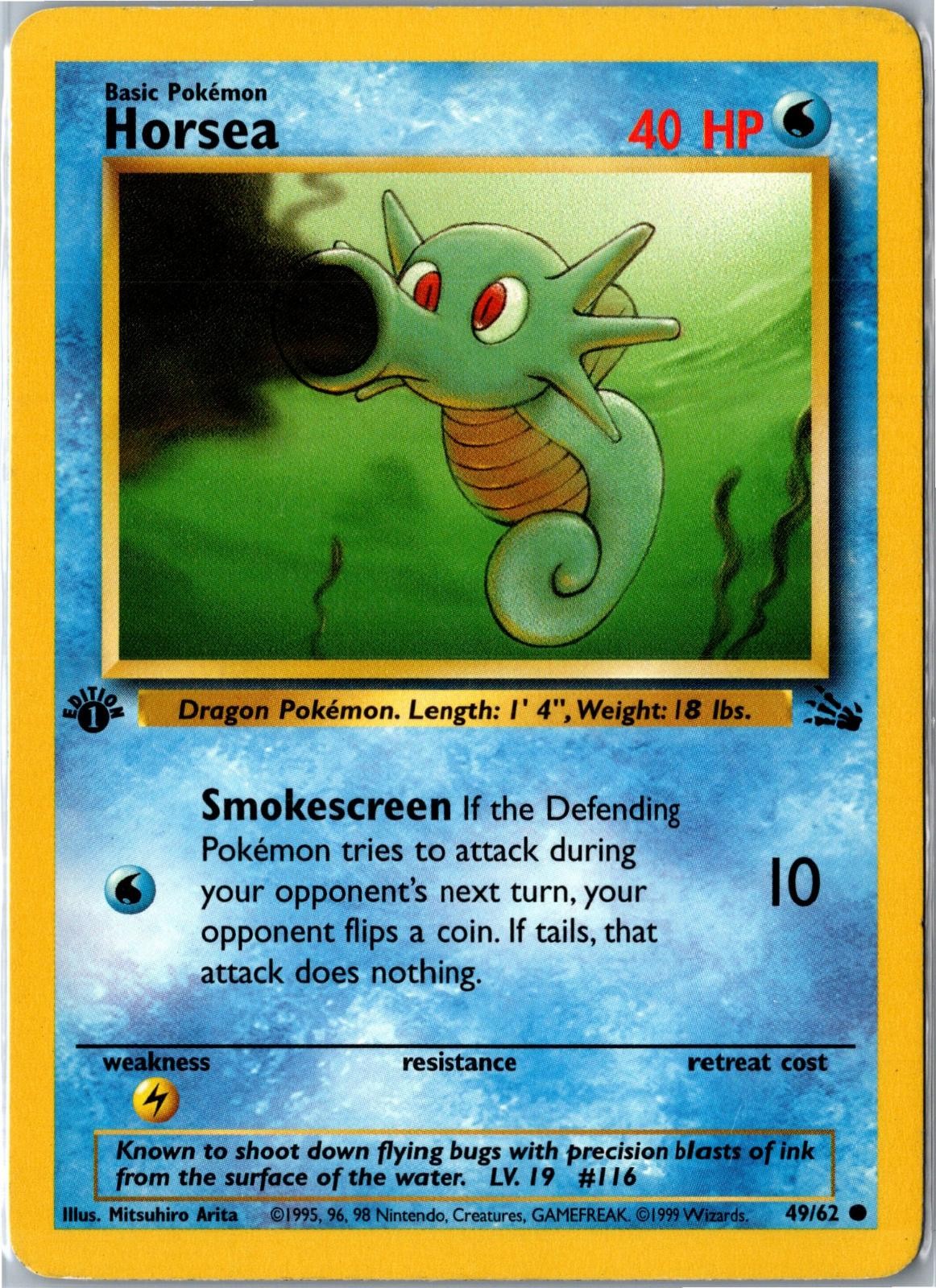 Pokemon Card - Horsea Fossil 49/62 1999 Common 1st Edition Heavily Played