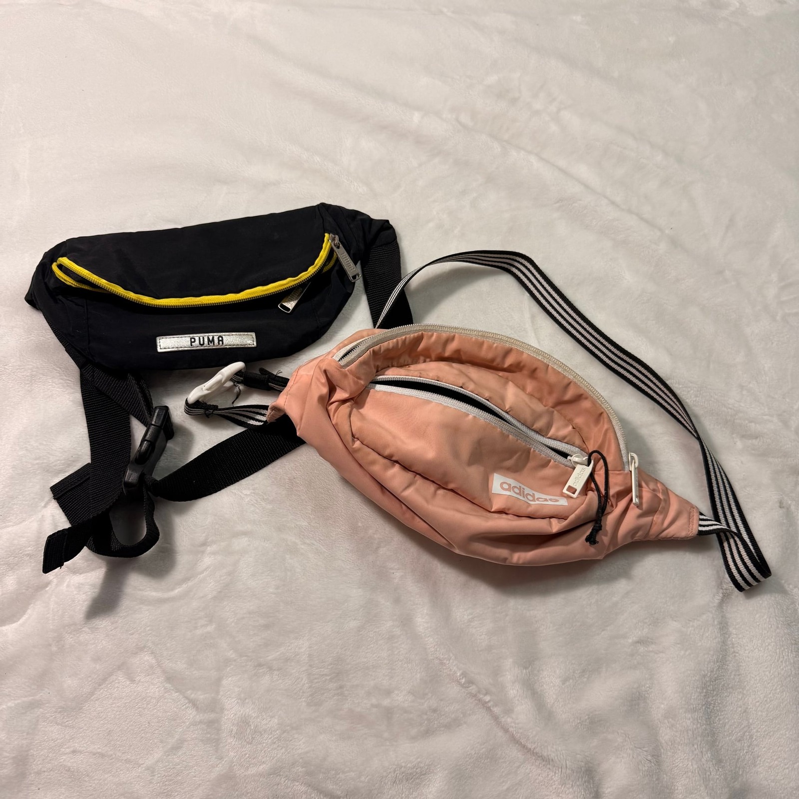 Black Puma with Yellow Zipper and Pink Striped Adidas Bags