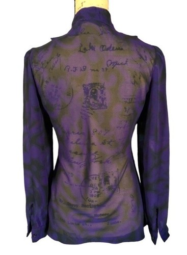 New York&Co Rüschen Kragen Bluse halbtransparent Chiffon lila schwarz Barock Print 4 - Bild 2 von 4