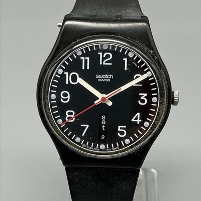 Swatch Mens Watch 34mm Black Dial Day Date Black Rubber Box New Battery