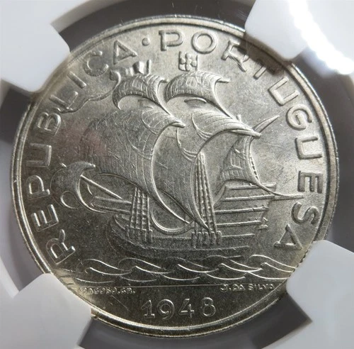 PORTUGAL Republic 10 Escudos 1948 NGC MS 62 UNC Sailing Ship Silver Graded