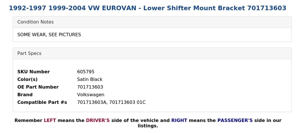1992-1997 1999-2004 VW EUROVAN - Suporte de montagem de câmbio inferior 701713603 - Imagem 4 de 4