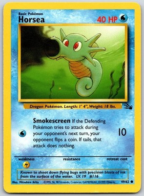 POKEMON FOSSIL HORSEA 49/62 COMMON UNLIMITED YELLOW INK HICKEY ERROR NM
