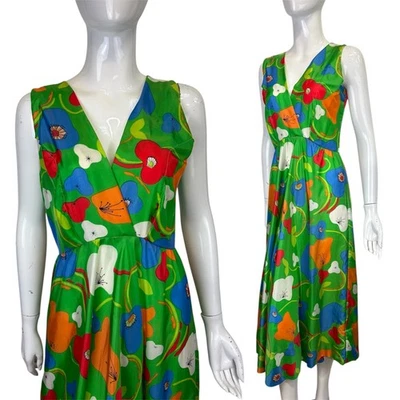 Robe Midi Vintage Années 60 70 8 Imprimé Poire Vert Psychédélique Tropique Fête - Photo 1/4