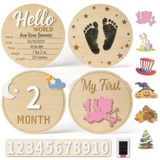 Wooden Baby Announcement Sign Set, 2PK Double-Sided Newborn Monthly Milestone...