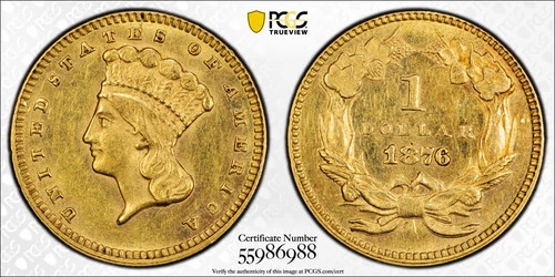 1876 Indian Princess Large Head Gold Dollar PCGS AU-58