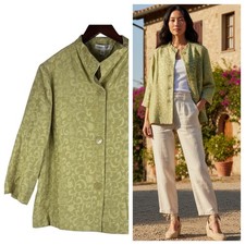 New Coldwater Creek Jacket Blazer Sz Large 12 14 Green Damask Floral Elegant 1a