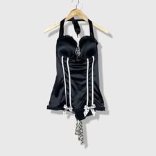 Torrid Corset Top Womens 1X Black Goth Punk Skull Ribbon Halter Lingerie