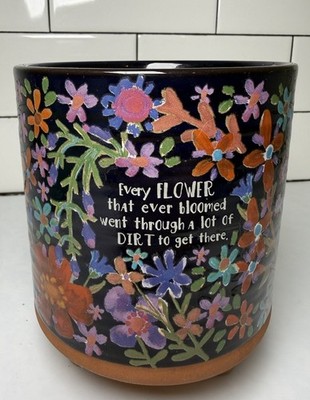 Natural Life Floral Quote Ceramic Planter Pot on Feet Glossy Black 5  EUC