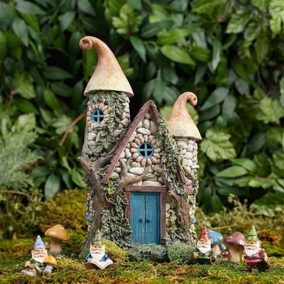 Miniature Stone Fairy House Statue - 10'' Enchanted Gnome Cottage with LED Light