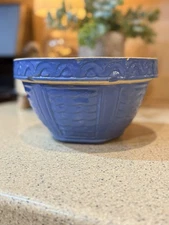 ANTIQUE COBALT BLUE SALT GLAZE BOWL - BASKET PATTERN