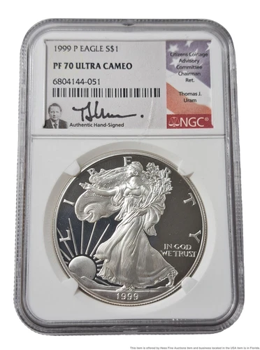 1999 American Eagle NGC PF 70 Ultra Cameo 1ozt 999 Fine Silver Coin Thomas Uram