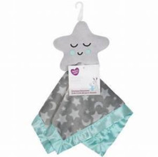 NWT Parents Choice Star Moon Grey Aqua Blue Satin Plush Baby Security Blanket