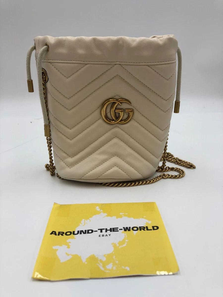 GUCCI GG Marmont Mini Bucket Bag White Matelasse Chevron Leather