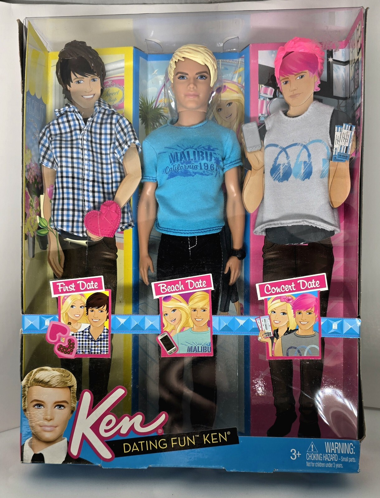 2011 Dating Fun Ken con 3 camisetas y 3 pelucas primero, playa, fecha de concierto Mattel