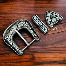 Western 3-Piece Belt Buckle Set Floral Engraved Silver Metal Cowboy Rodeo Style