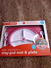 Skip Hop Stay-Put Mat & Plate Ages 6m+ w/ Spoon & Fork, Pink/White - NEW