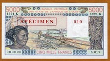 SPECIMEN West African States, Senegal, 5000 (5,000) Fr, 1991 P-708Ks UNC