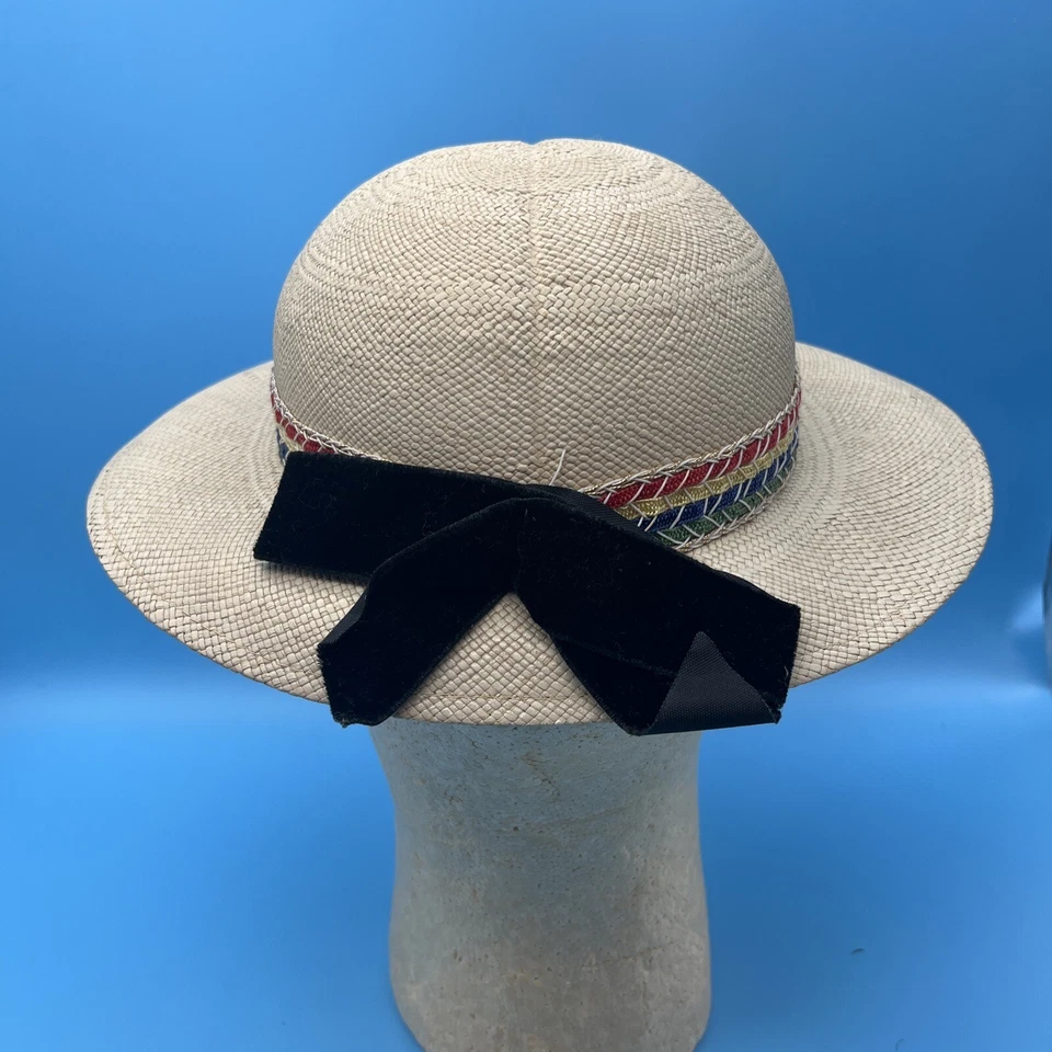 Sombrero de Paja de Panamá Genuino Tejido Banda a Rayas Terciopelo Arco De Colección Foto 4 de 4