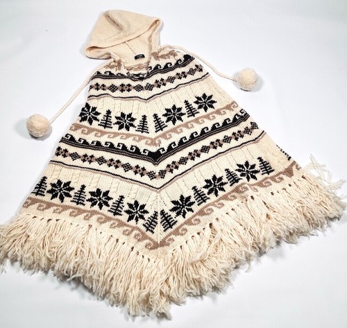 J.Crew Womans Poncho Wool Retro Vintage One Size Off-White Tan Brown Hood - Picture 2 of 12