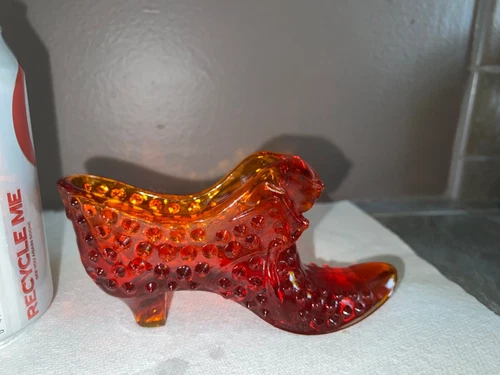 Vintage FENTON Orange / Red ?  Hobnail BOOT SLIPPER Shoe CAT HEAD Art Glass