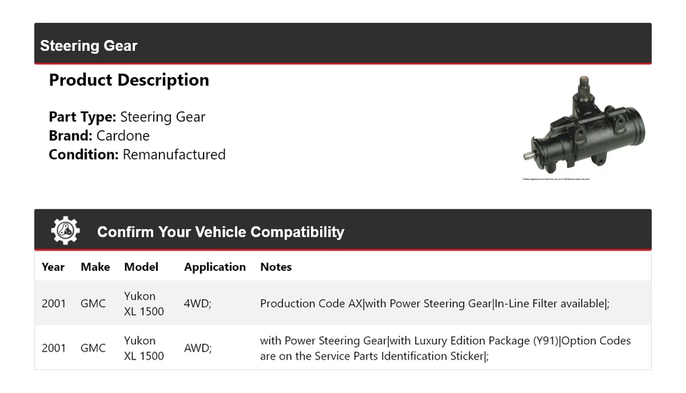 Para GMC Yukon XL 1500 2001 engranaje de dirección cardone Foto 2 de 4
