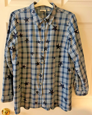 LN Joan Rivers Celestial Plaid Flannel Shirt Star Overprint-Navy-Large A464813