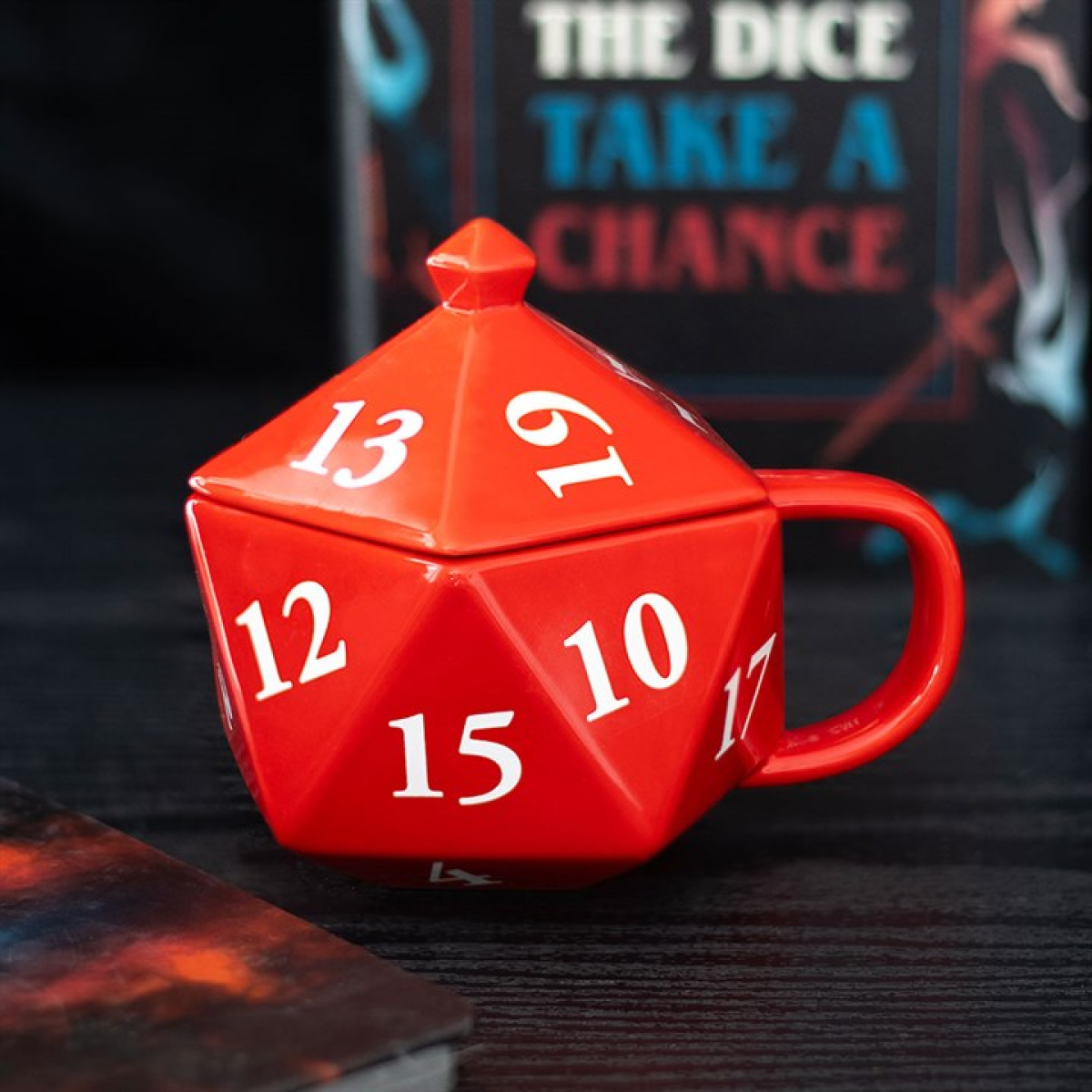 D20 Gaming Dice Shaped Lidded Coffee Mug. Gift For Gamers.
