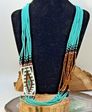 Navajo Jeanne Begay Hand Beaded Rug Pattern Necklace w/Turquoise Heshi--2297.25