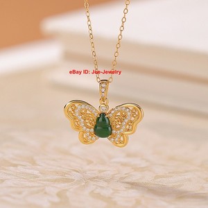 Authentic Gold Plated 925 Sterling Silver Butterfly Pendant with Natural Green Jade