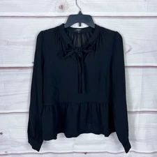 FRNCH Paris Top Womens S Black Peplum Blouse Long Sleeve Tie Neck Pullover Woven
