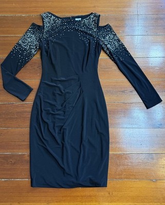 Vintage Cache Studded Cold Shoulder Side Ruched Stretch Knit Dress Sz 4   