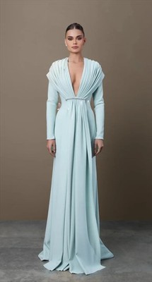 Sexy Fashion Jersey Pleat Draped Rhinestone A-line V-neck Long Dresses |  eBay