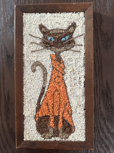 VTG siamese cat gravel art wall hanging MCM retro blue eyes orange sweater Rare