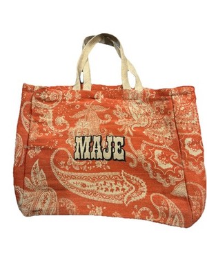 Maje Tote Bag Large Orange Paisley Boho Shoulder Carryall Linen Chic