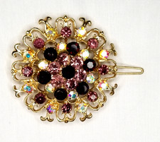 AB Aurora Borealis Crystal Purple Sunburst Floral Hair Barrette Clip VTG