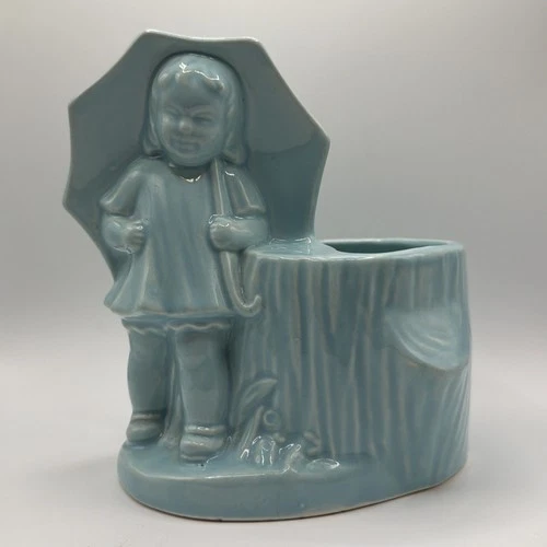 Vintage McCoy Pottery Planter Morton Salt Umbrella Girl Blue No chips/cracks