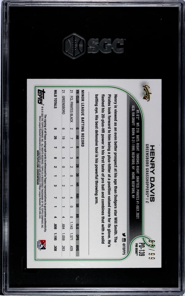 Henry Davis 2022 Topps Pro Debut Rookie auto /99 Pirates SGC MINT 9🎁✔ - Image 3 of 4