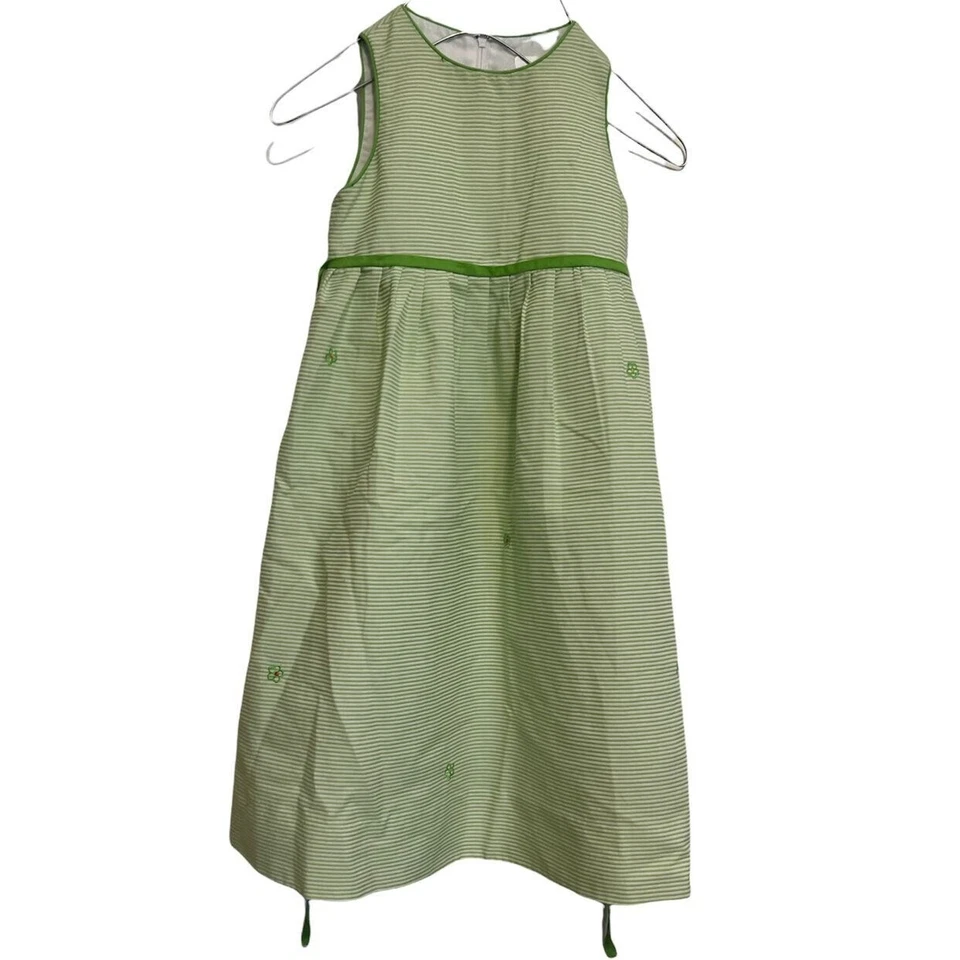 Vestido Florence Eiseman Niñas Verde Rayas Cinturón Plisado Floral Bordado Talla 4 Foto 3 de 4