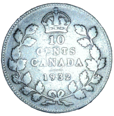 1932 Canadian 80% Silver 10 Cents King George V Circulated Canada