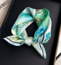 100 Mulberry Silk 20" Square Scarf Women Neckerchief Wrap green Iris Print