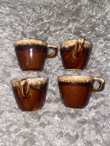 4 Hull Oven Proof USA Brown Drip Glaze Pottery Coffee Tea Cups O Handle