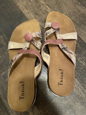 Think! Sandals Womens Strappy Slides Pink Gold Leather Round
