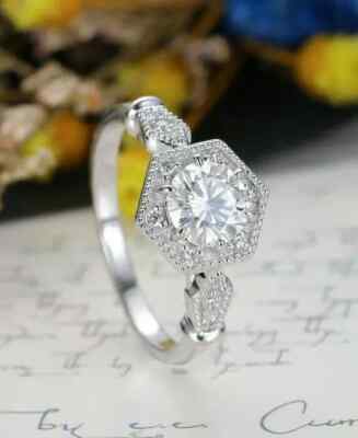 2.50ct Round Cut Natural Moissanite Ring Halo Engagement 14k White Gold Finish
