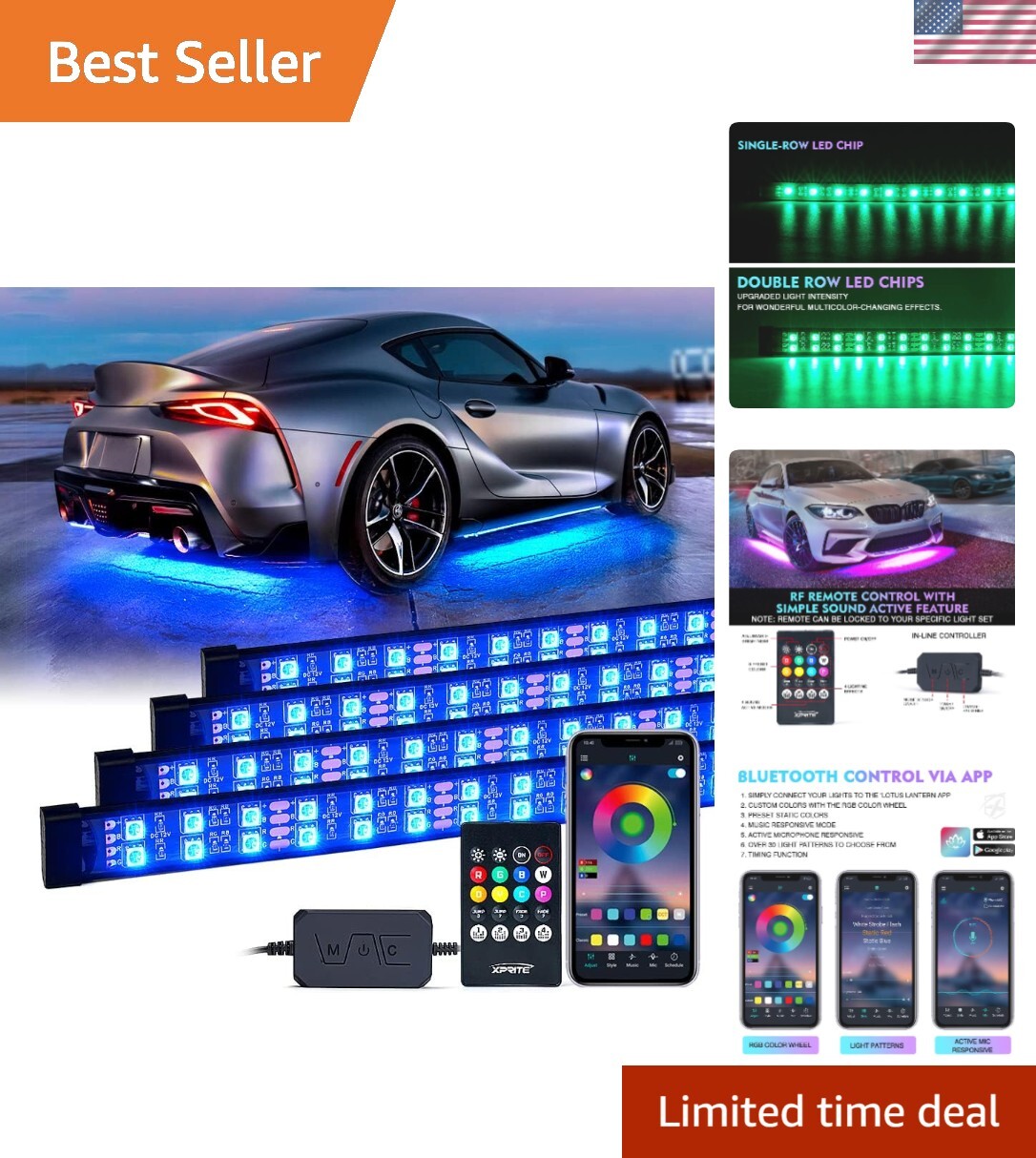 Tira de luces Bluetooth inferiores RGB de doble fila para automóvil, 4 piezas debajo de la carrocería neón...