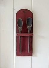 Primitive Handcrafted USA Colonial Wood Distressed Red Spoon Rack